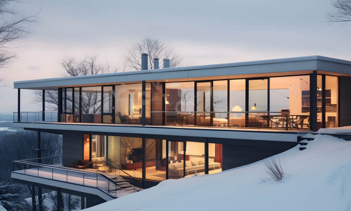 Modern two-story home with flat roof and expansive glass walls, set on a snowy hillside at dusk, highlighting the importance of winter roof maintenance.